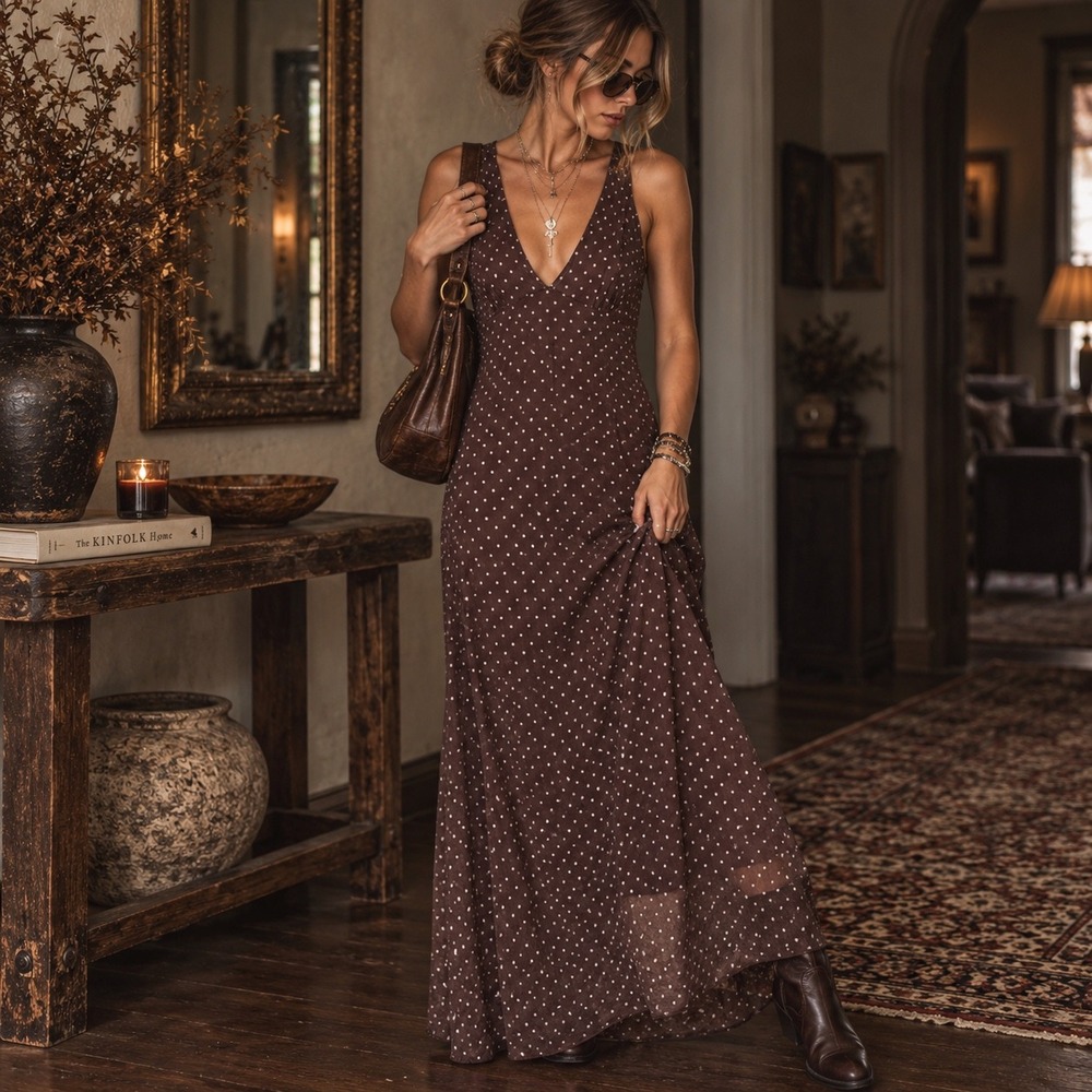 See You Monday Brown Polka Dot Mesh Maxi Dress M 90s Y2K Whimsigoth sheer